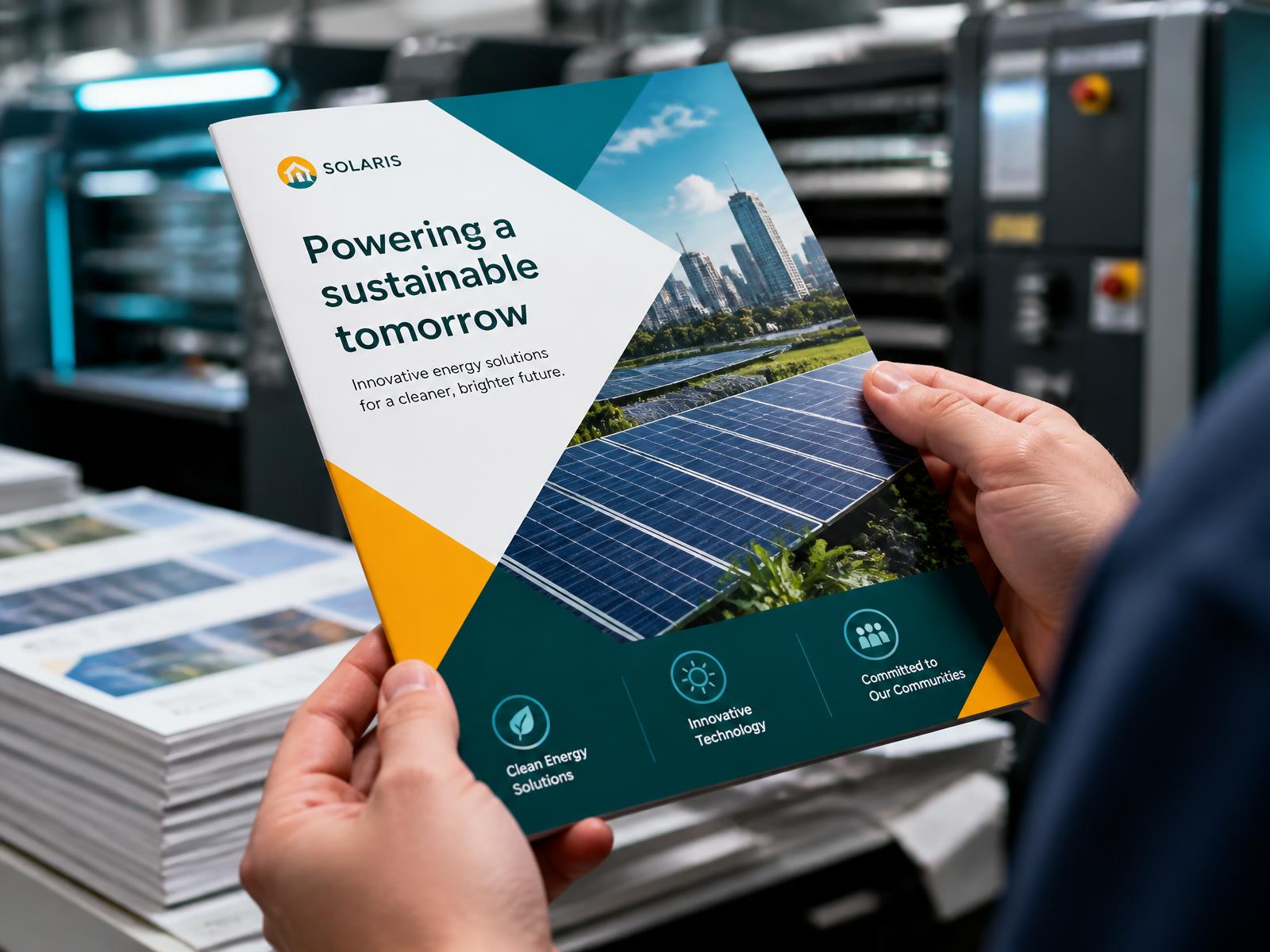 Freshly printed colour brochure held at the digital press at Grafopress