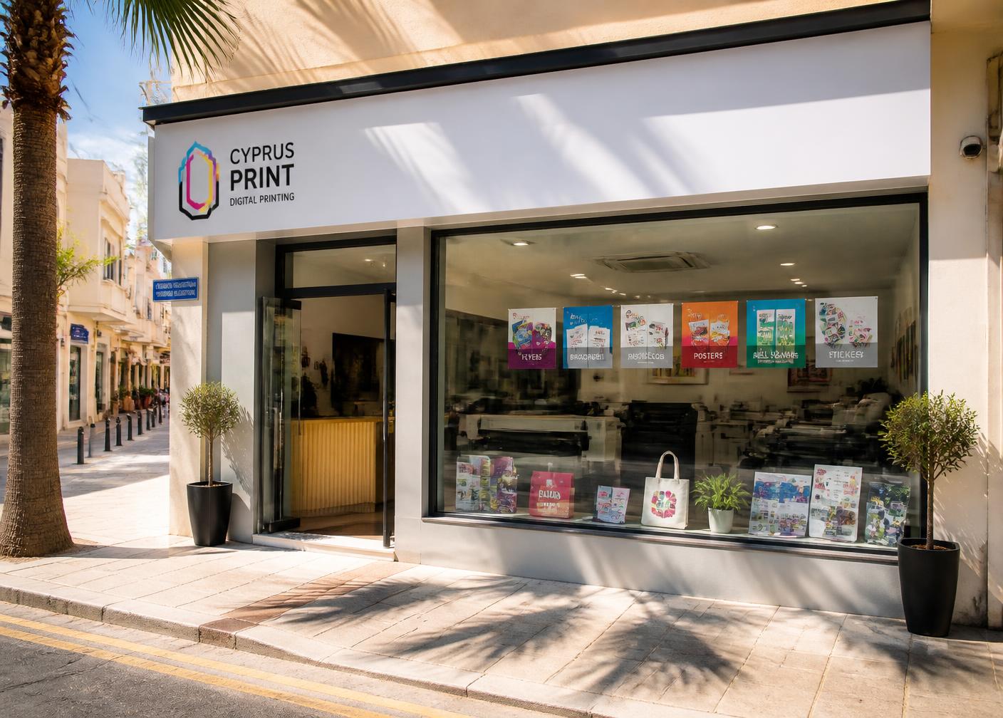 Our shop window in Ypsonas, printed by Grafopress, Limassol